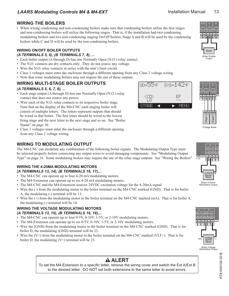 Wiring the boilers, Wiring multi-stage boiler outputs, Wiring to modulating output | Alert, Installation manual 13 wiring the boilers, Laars modulating controls m4 & m4-ext, Mini-mod-cnc, F sys, F<cd> ef lo --- stage ◄ ► menu, A b c d | LAARS M4-Ext - Installation Manual User Manual | Page 13 / 40