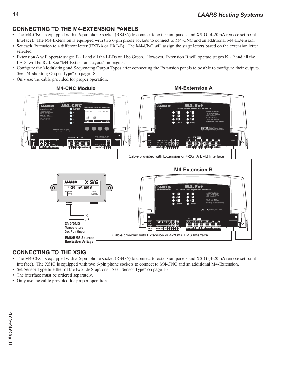 Connecting to the mini-extension panels, Connecting to the m4-extension panels, Connecting to the xsig | 14 connecting to the m4-extension panels, Laars heating systems, M4-extension a, M4-extension b, M4-cnc module, X sig, M4-ext | LAARS M4-Ext - Installation Manual User Manual | Page 14 / 40