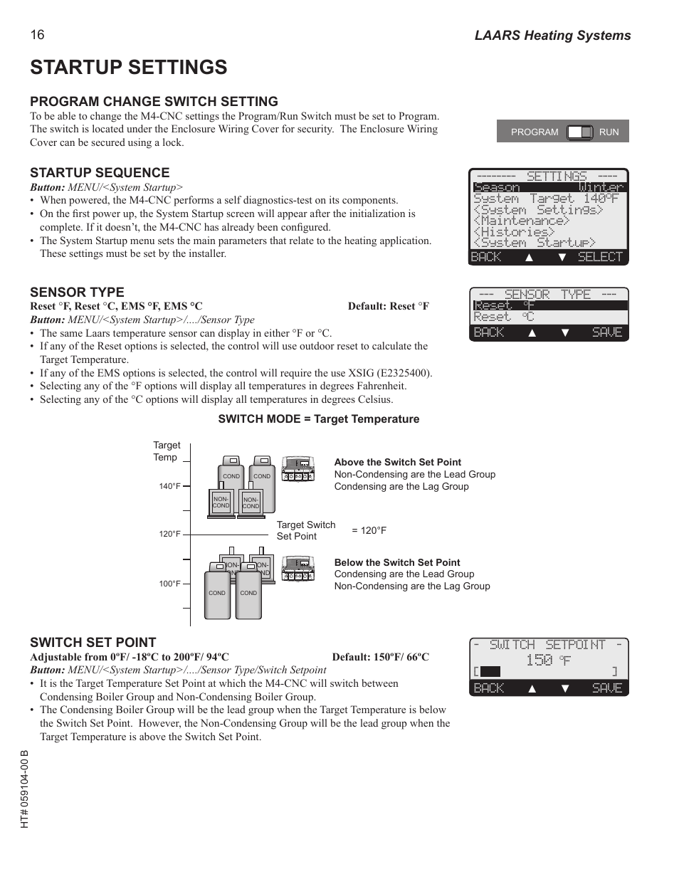 Startup settings, Program change switch setting, Startup sequence | Sensor type, Switch set point, Mini-mod, A b c d, Laars heating systems | LAARS M4-Ext - Installation Manual User Manual | Page 16 / 40