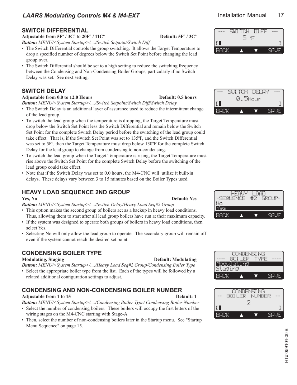 Switch differential, Switch delay, Heavy load sequence 2nd group | Condensing boiler type, Condensing and non-condensing boiler number | LAARS M4-Ext - Installation Manual User Manual | Page 17 / 40