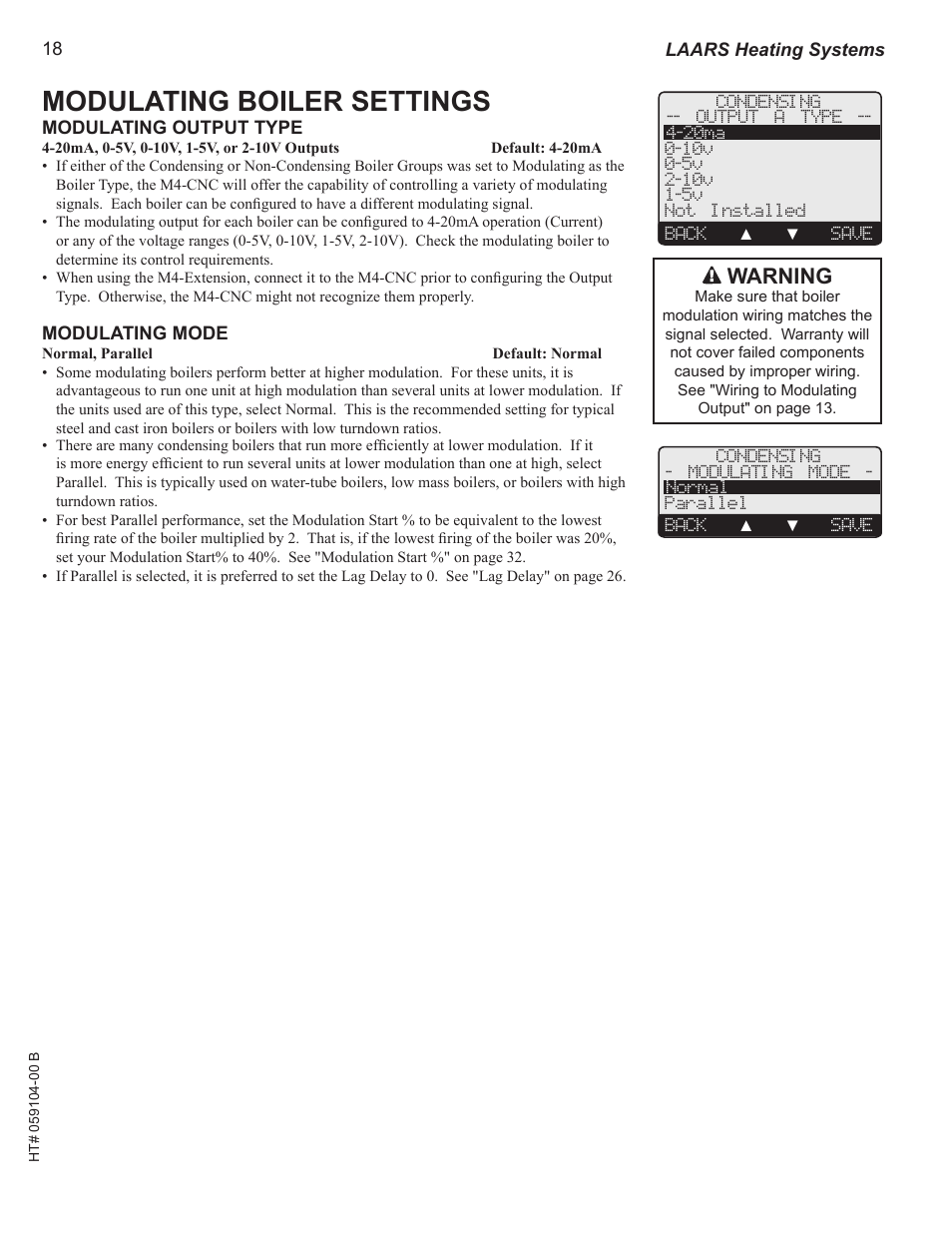 Modulating boiler settings, Modulating output type, Modulating mode | Warning | LAARS M4-Ext - Installation Manual User Manual | Page 18 / 40