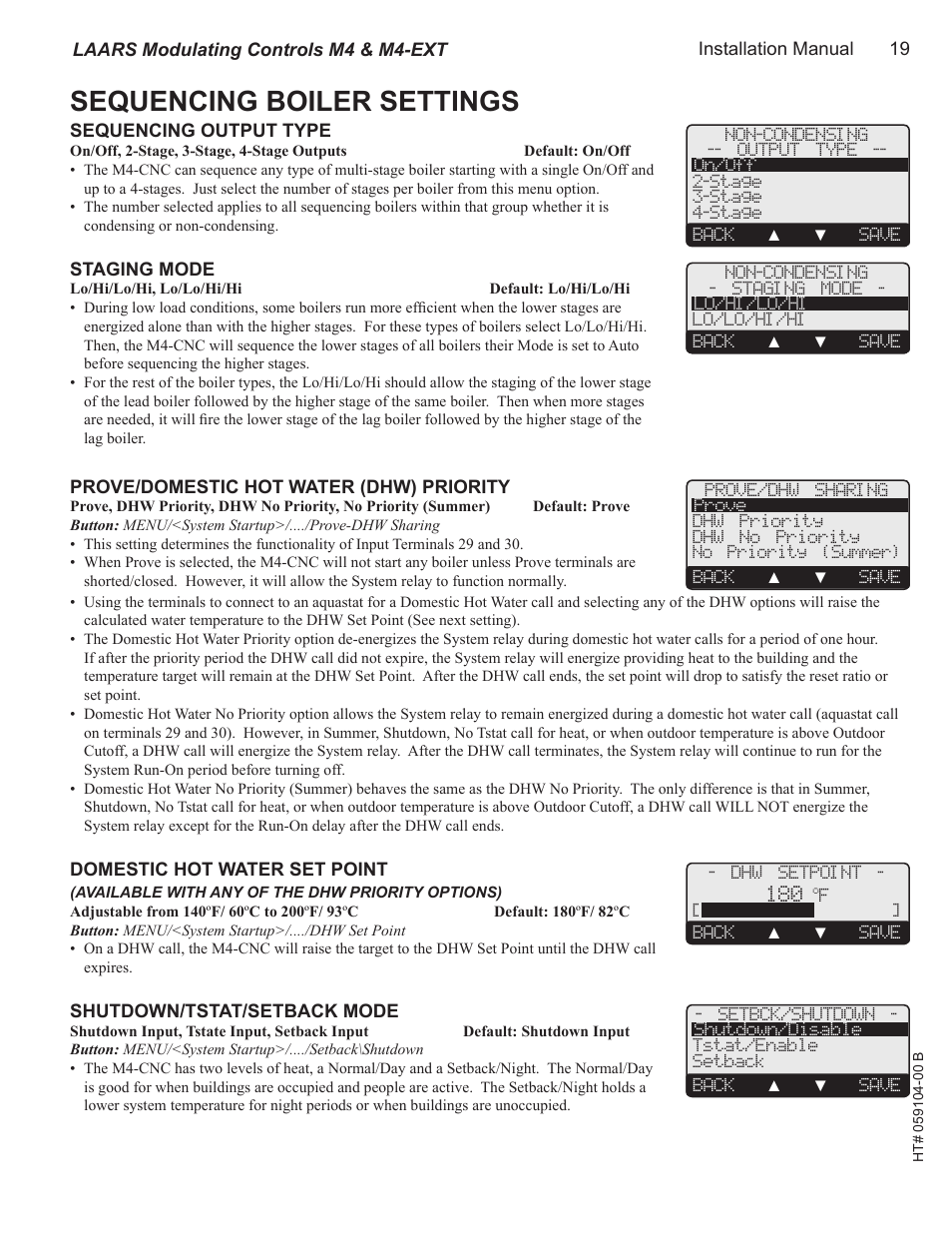 Sequencing boiler settings, Sequencing output type, Staging mode | Prove/domestic hot water (dhw) priority, Domestic hot water set point, Shutdown/tstat/setback mode, For all circuits, 1a pilot duty, 15a total | LAARS M4-Ext - Installation Manual User Manual | Page 19 / 40
