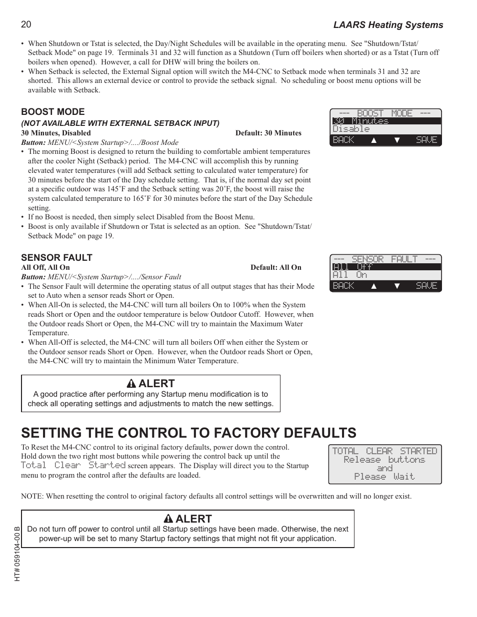 Boost mode, Sensor fault, Setting the control to factory defaults | Alert | LAARS M4-Ext - Installation Manual User Manual | Page 20 / 40