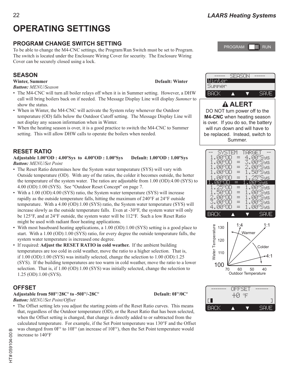 Operating settings, Program change switch setting, Season | Reset ratio, Offset, Mini-mod, Alert, A b c d, Laars heating systems, System | LAARS M4-Ext - Installation Manual User Manual | Page 22 / 40