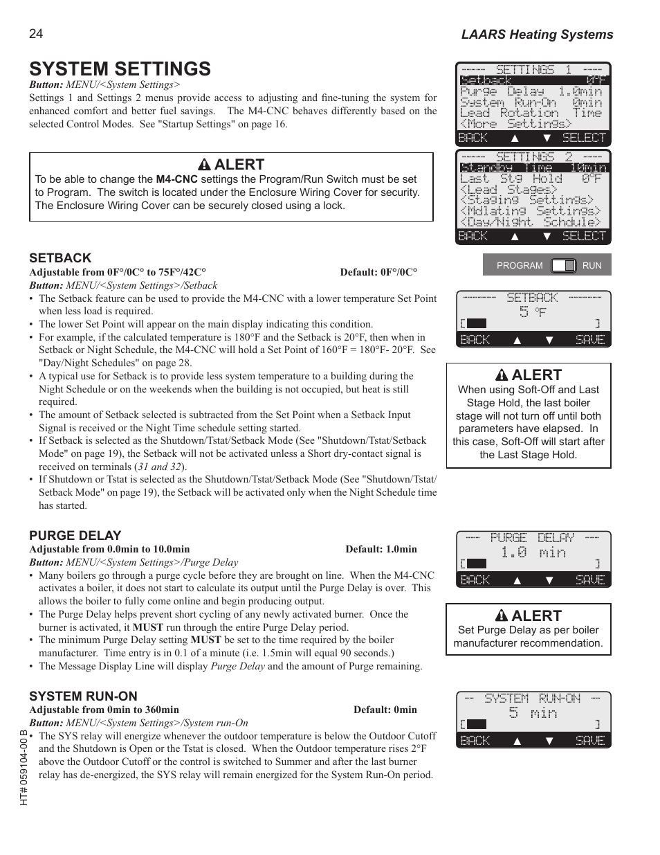 System settings, Setback, Purge delay | System run-on, Mini-mod, Alert, A b c d, 0 min, 5 min, Laars heating systems | LAARS M4-Ext - Installation Manual User Manual | Page 24 / 40