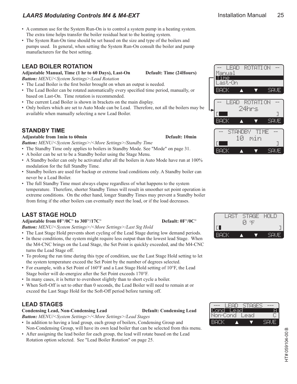 Lead boiler rotation, Standby time, Last stage hold | Lead stages | LAARS M4-Ext - Installation Manual User Manual | Page 25 / 40