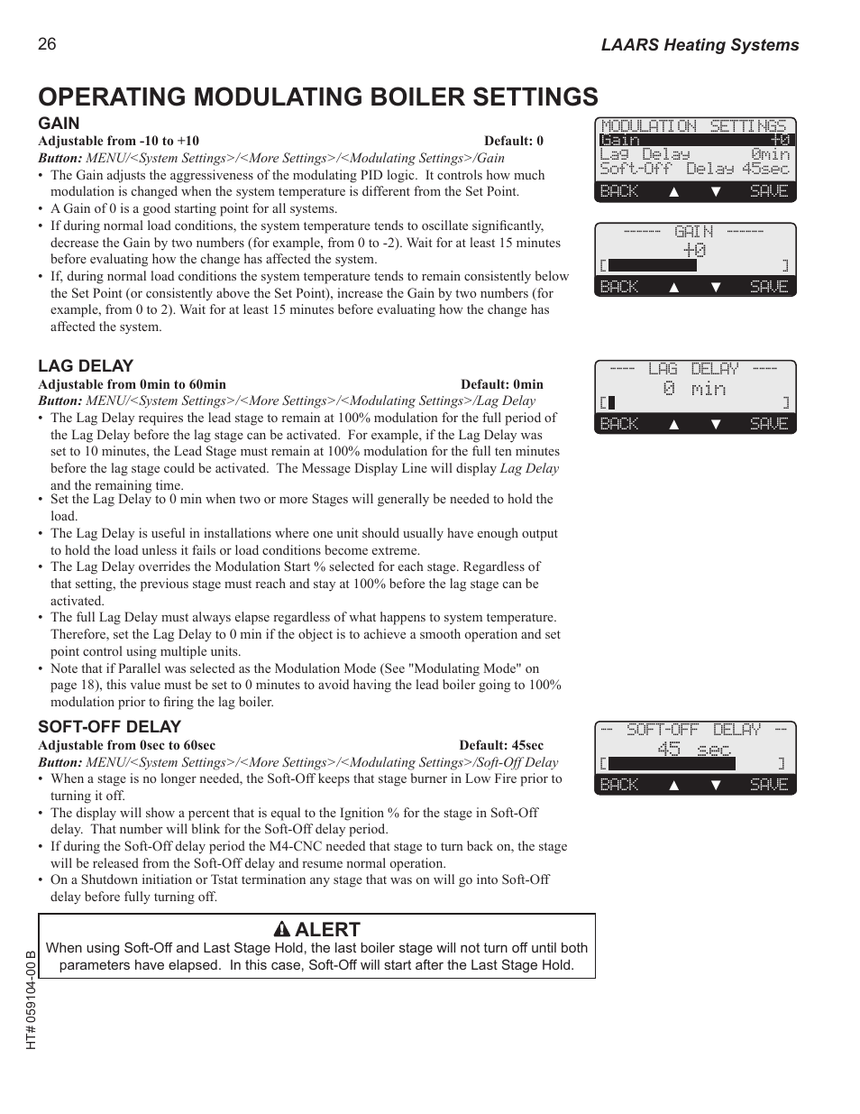 Operating modulating boiler settings, Gain, Lag delay | Soft-off delay, Alert | LAARS M4-Ext - Installation Manual User Manual | Page 26 / 40