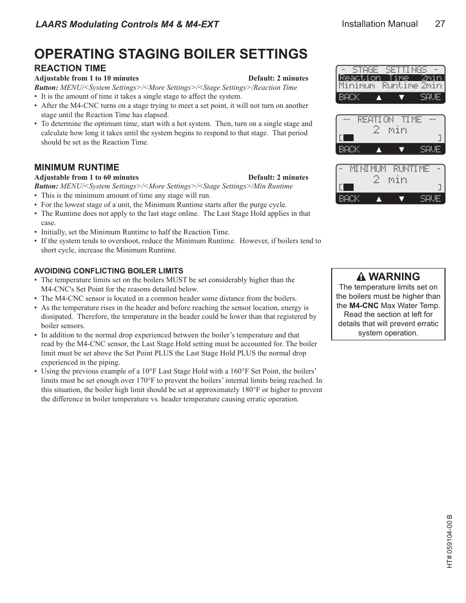 Operating staging boiler settings, Reaction time, Minimum runtime | Warning | LAARS M4-Ext - Installation Manual User Manual | Page 27 / 40