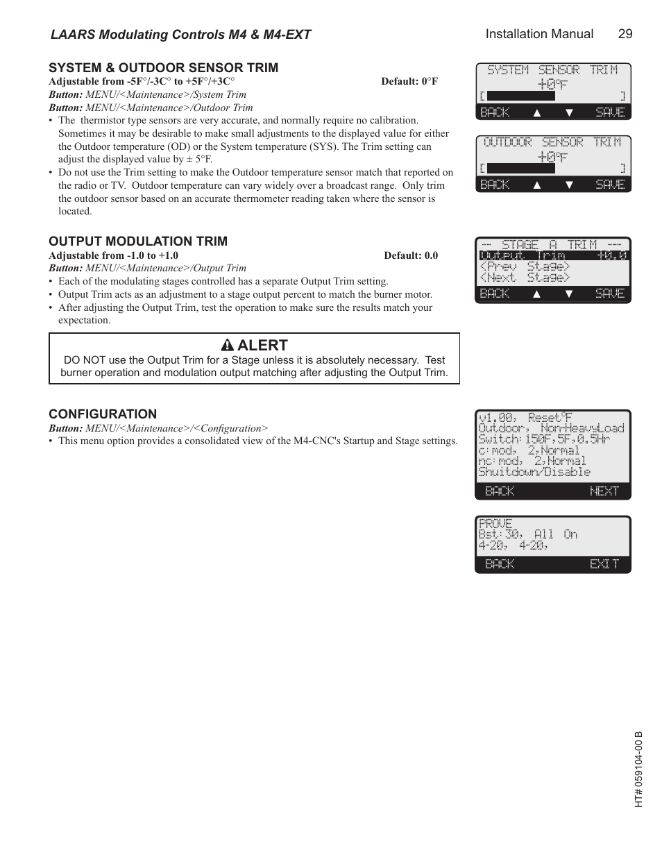 System & outdoor sensor trim, Output modulation trim, Configuration | Alert | LAARS M4-Ext - Installation Manual User Manual | Page 29 / 40