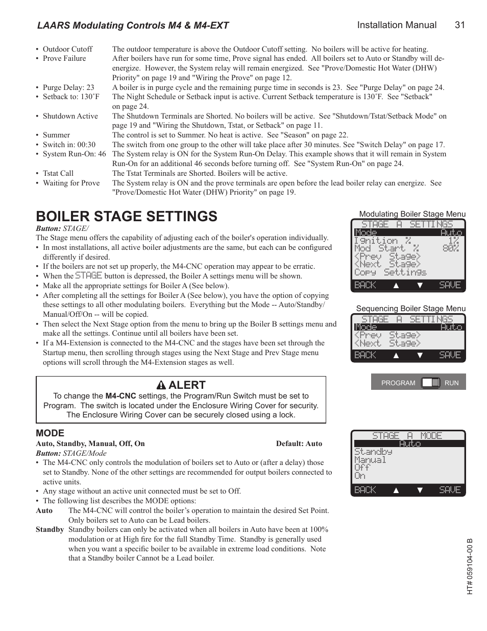 Boiler stage settings, Mode, Mini-mod | Alert, A b c d, Installation manual 31, Laars modulating controls m4 & m4-ext | LAARS M4-Ext - Installation Manual User Manual | Page 31 / 40