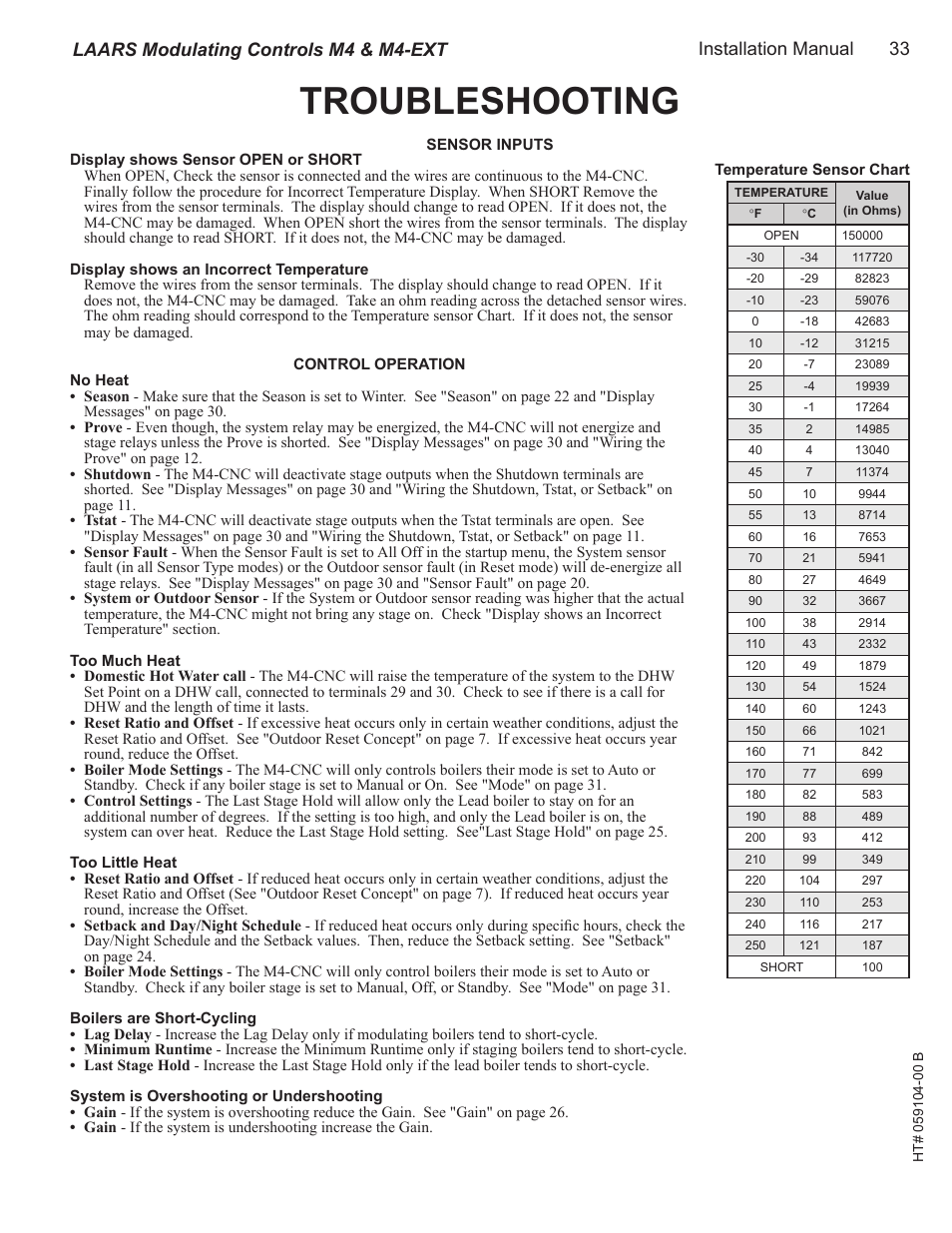 Troubleshooting, Installation manual 33, Laars modulating controls m4 & m4-ext | LAARS M4-Ext - Installation Manual User Manual | Page 33 / 40