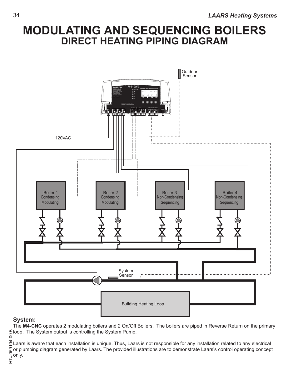 Direct heating piping diagram, Modulating and sequencing boilers, System | Laars heating systems, Rs-485 extension module, Ma gnd vlt, Ma temp outdoor o o temp system, Prove /dhw shutdown /setback | LAARS M4-Ext - Installation Manual User Manual | Page 34 / 40