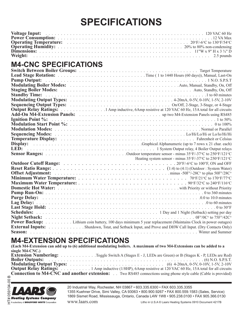 Specifications, M4-cnc specifications, M4-extension specifications | LAARS M4-Ext - Installation Manual User Manual | Page 40 / 40