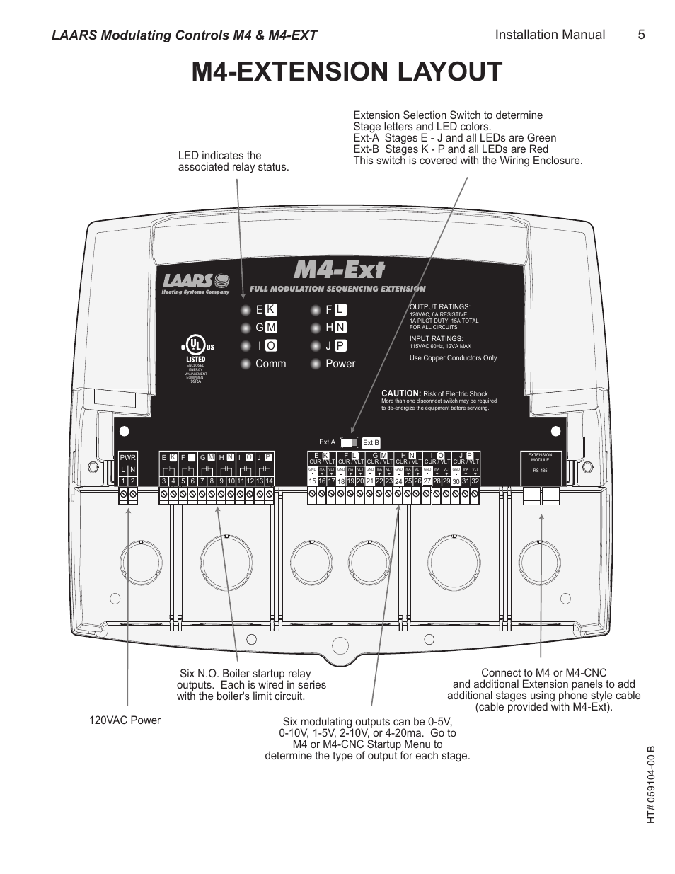 Mini-extension layout, M4-extension layout, M4-ext | Installation manual 5, Laars modulating controls m4 & m4-ext, F h j power, Eg i comm | LAARS M4-Ext - Installation Manual User Manual | Page 5 / 40