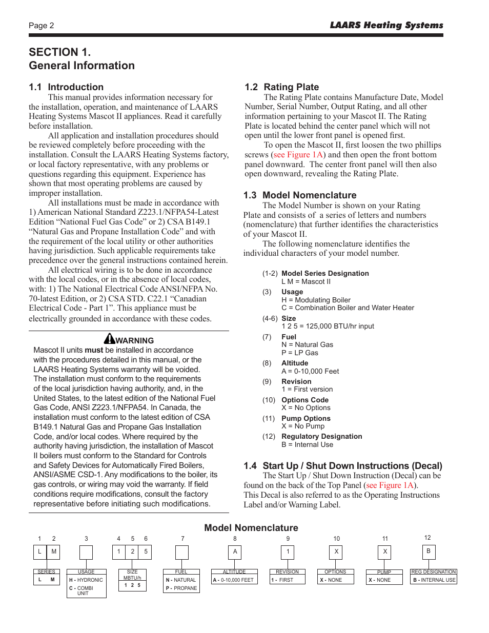1 introduction, 3 model nomenclature, Model nomenclature | 2 rating plate, 4 start up / shut down instructions (decal) | LAARS Mascot ll LMC - Install and Operating Manual User Manual | Page 4 / 52