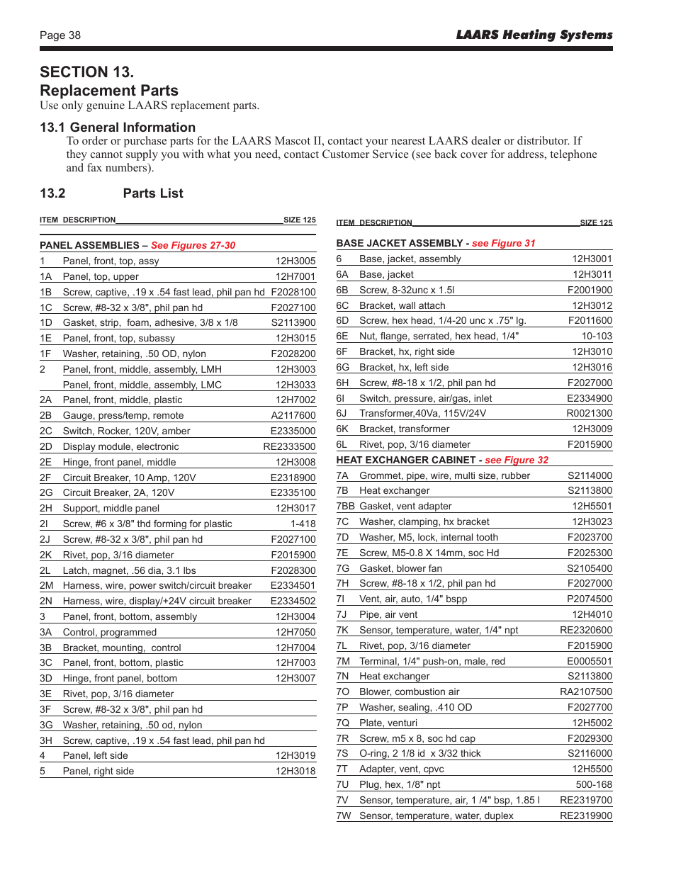 2 parts list, 1 general information | LAARS Mascot ll LMC - Install and Operating Manual User Manual | Page 40 / 52