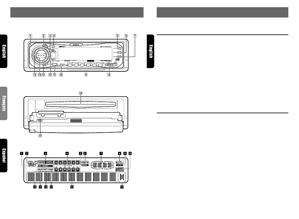 Controls / les commandes / controles, Nomenclature, Names of buttons | Display items, Source unit / appareil pilote / unidad fuente | Clarion COMBIN RADIO/CD AM/FM AVEC PILOTE DE CHANGEUR CD/MD DRX7675Z User Manual | Page 4 / 22