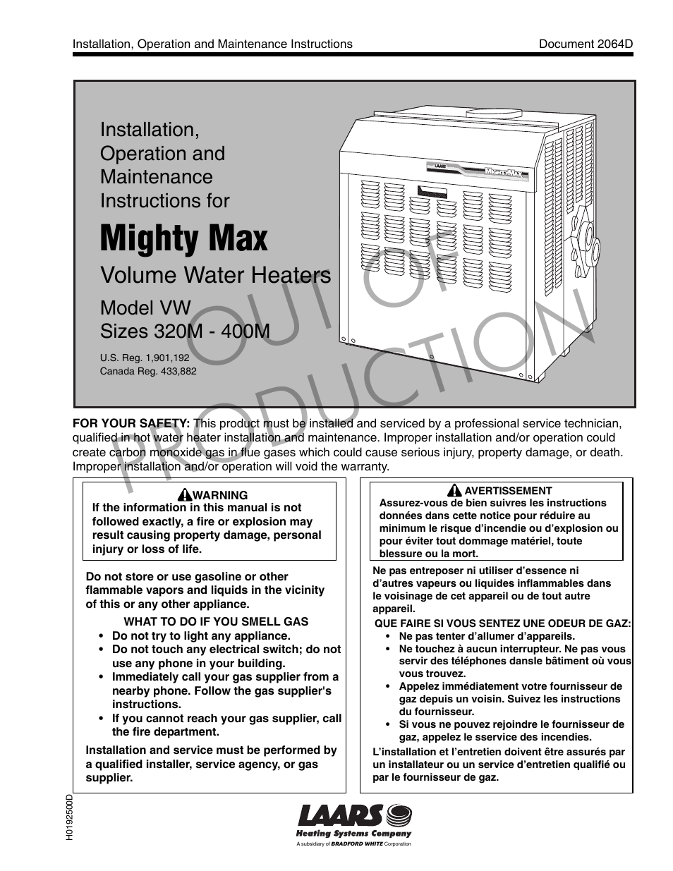 LAARS Mighty Max VW (Sizes 320M - 400M) - Installation, Operation and Maintenance Instructions User Manual | 32 pages