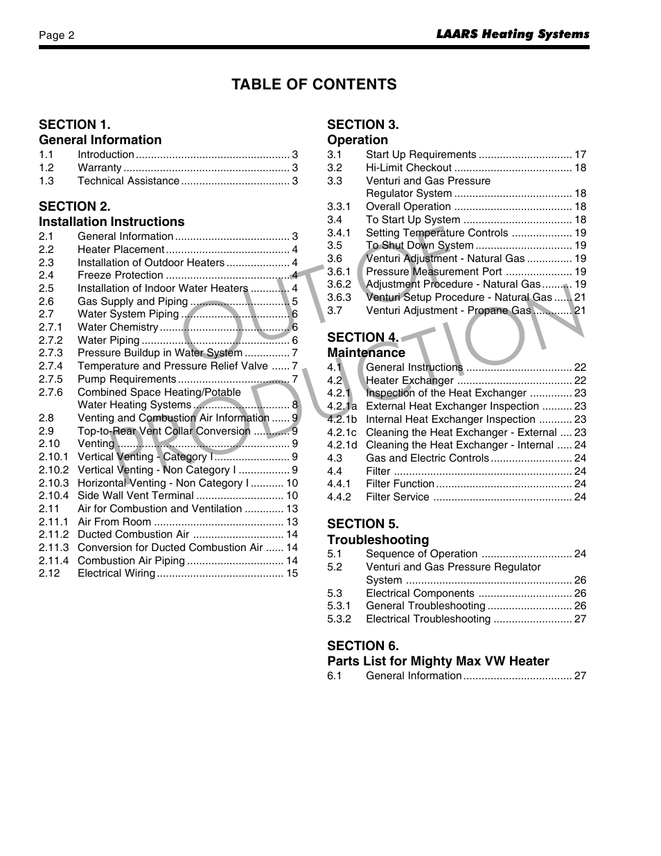 LAARS Mighty Max VW (Sizes 320M - 400M) - Installation, Operation and Maintenance Instructions User Manual | Page 2 / 32