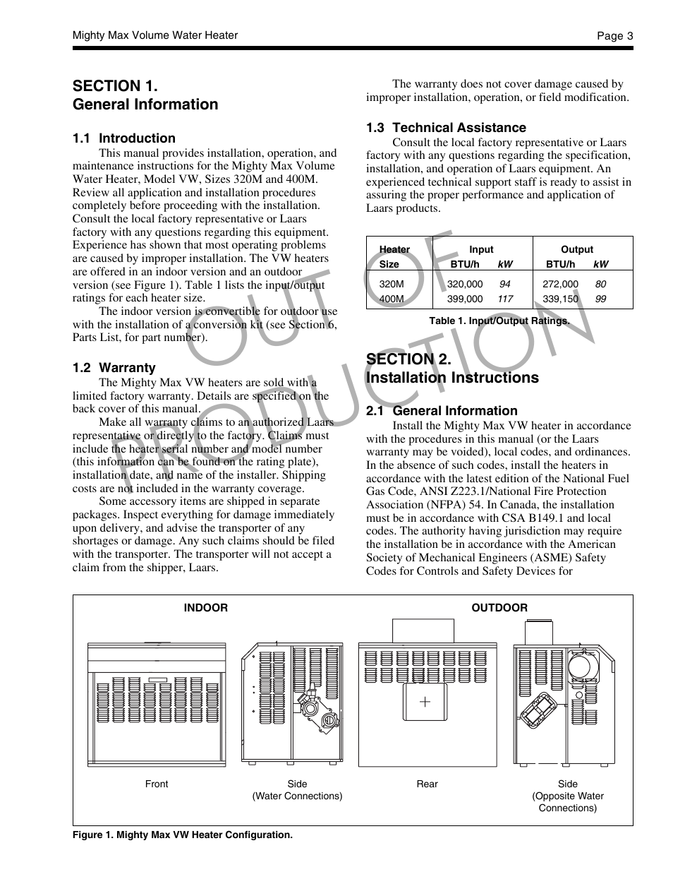 Out of production | LAARS Mighty Max VW (Sizes 320M - 400M) - Installation, Operation and Maintenance Instructions User Manual | Page 3 / 32