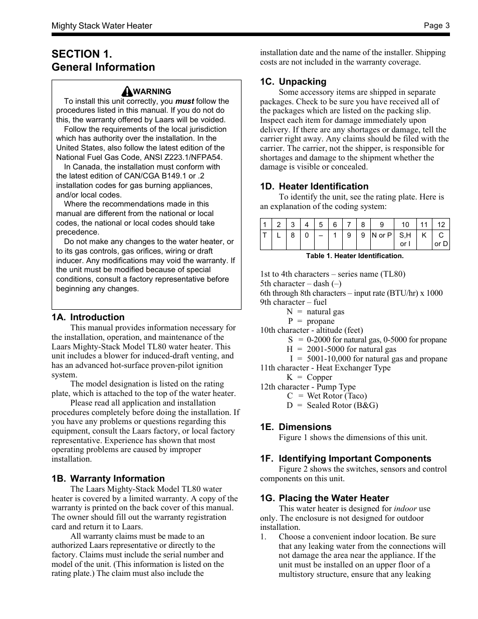 LAARS Mighty-Stack TL80-199 - Installation, Operation and Maintenance Instructions User Manual | Page 3 / 28