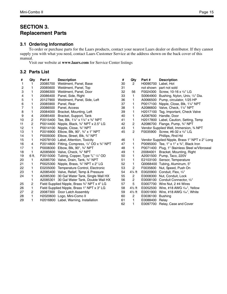 1 ordering information, 2 parts list | LAARS Mini-Combo II MCS - Install and Operating Manual User Manual | Page 15 / 16