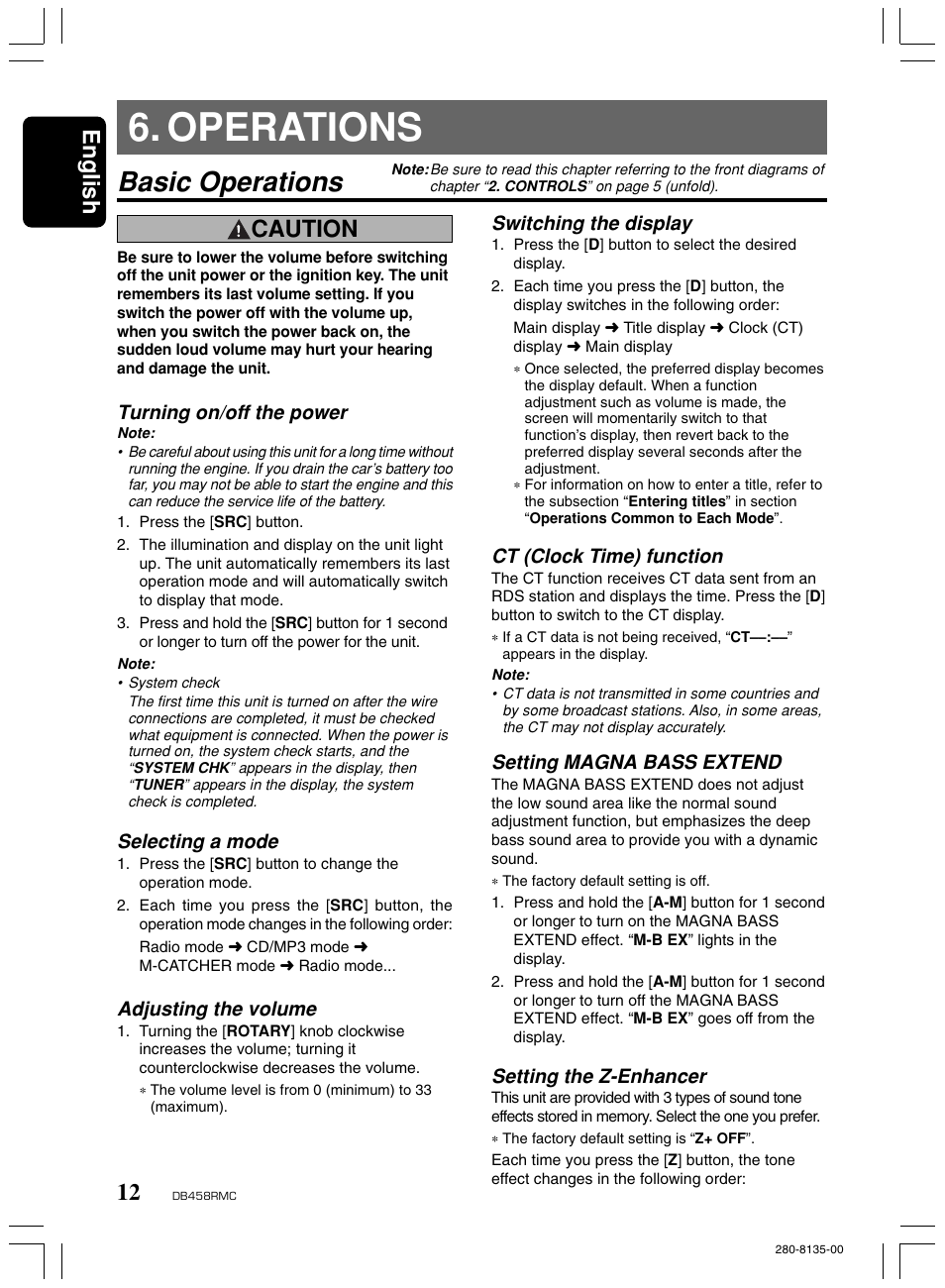 Operations, Basic operations, English | Caution, Turning on/off the power, Selecting a mode, Adjusting the volume, Switching the display, Ct (clock time) function, Setting magna bass extend | Clarion DB458RMC User Manual | Page 10 / 27