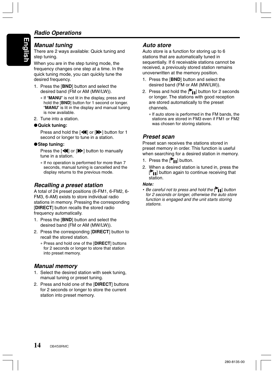 English, Manual tuning, Recalling a preset station | Auto store, Preset scan, Radio operations | Clarion DB458RMC User Manual | Page 12 / 27