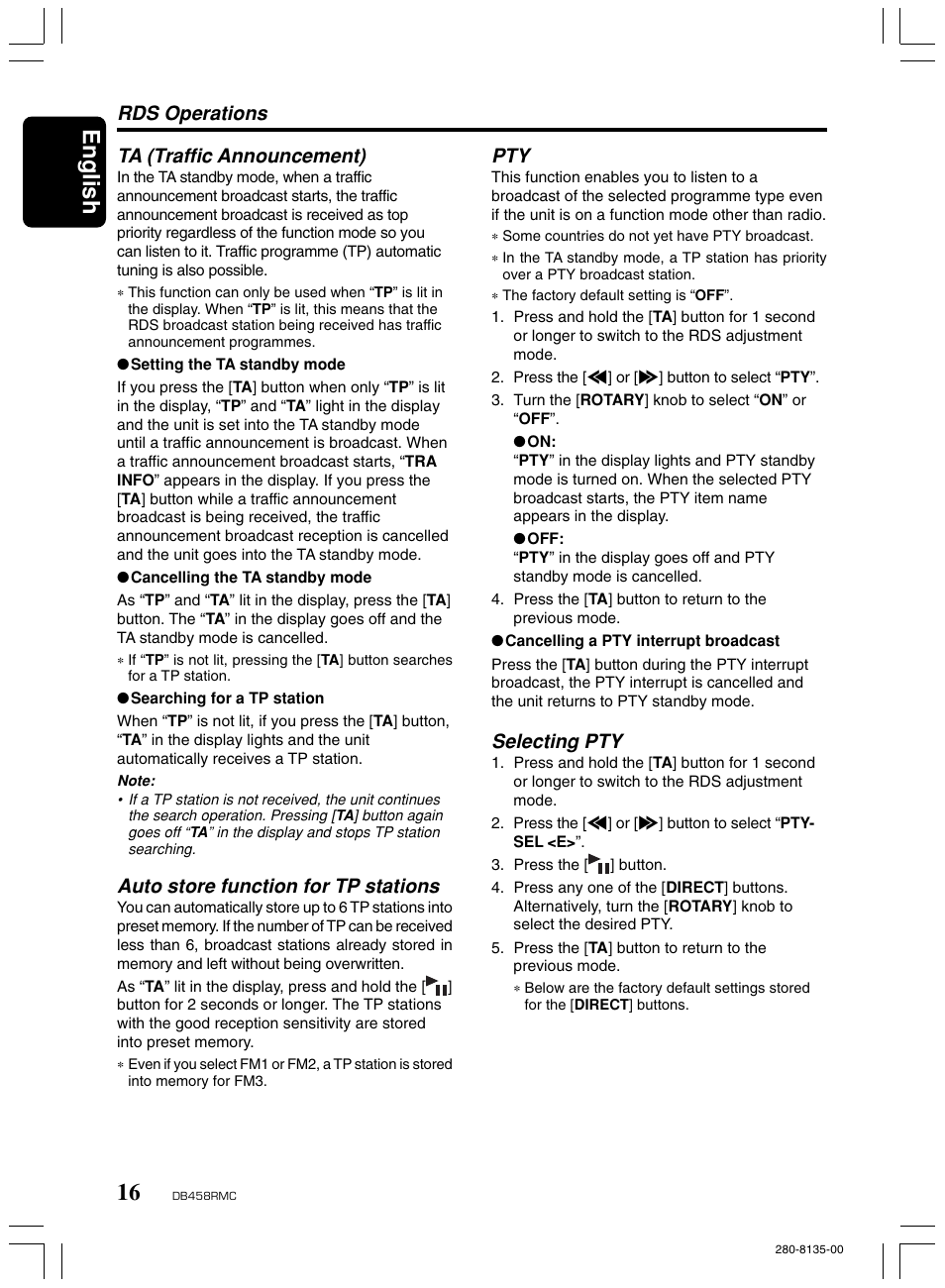 English, Ta (traffic announcement), Auto store function for tp stations | Selecting pty, Rds operations | Clarion DB458RMC User Manual | Page 14 / 27