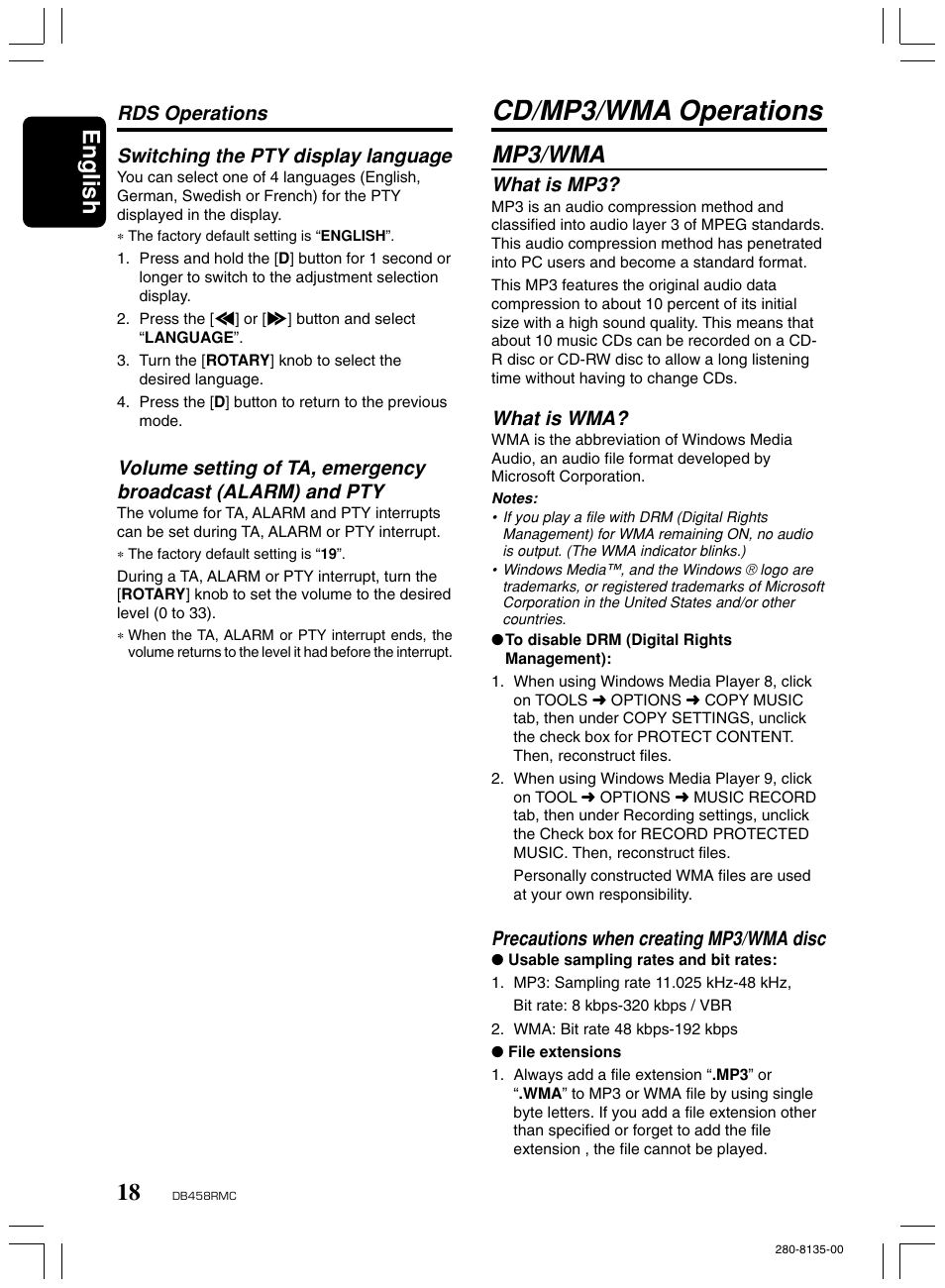 Cd/mp3/wma operations, Mp3/wma, English | What is mp3, What is wma, Precautions when creating mp3/wma disc, Switching the pty display language, Rds operations | Clarion DB458RMC User Manual | Page 16 / 27