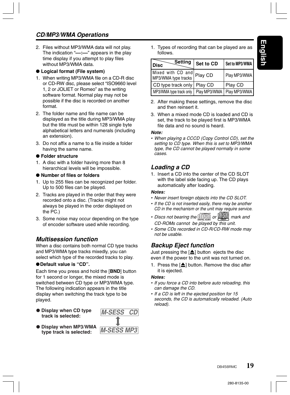 19 english, M-sess cd m-sess mp3, Multisession function | Cd/mp3/wma operations, Loading a cd, Backup eject function | Clarion DB458RMC User Manual | Page 17 / 27