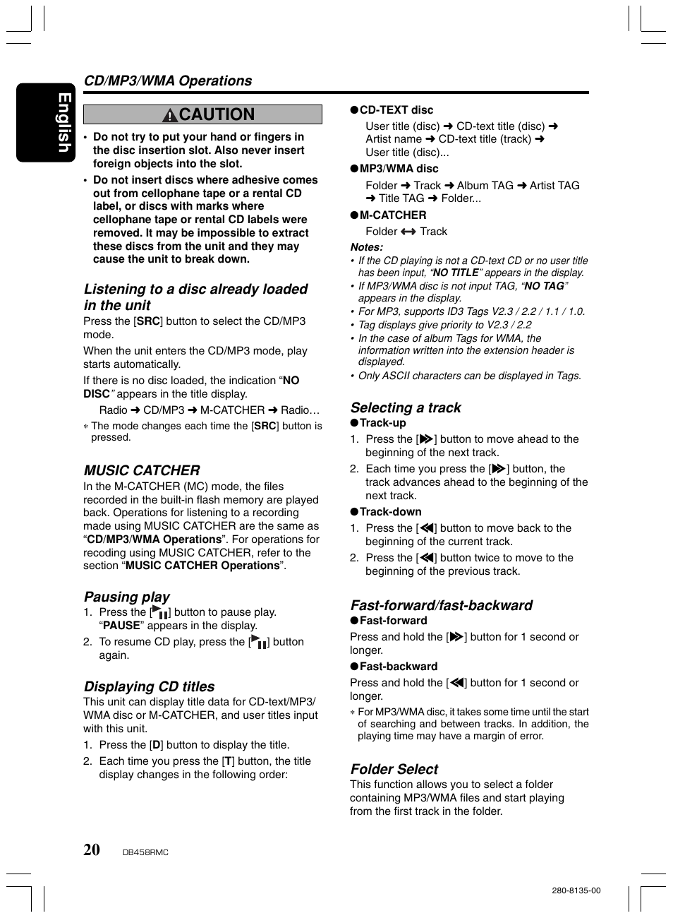 English, Caution, Cd/mp3/wma operations | Selecting a track, Fast-forward/fast-backward, Folder select, Listening to a disc already loaded in the unit, Music catcher, Pausing play, Displaying cd titles | Clarion DB458RMC User Manual | Page 18 / 27