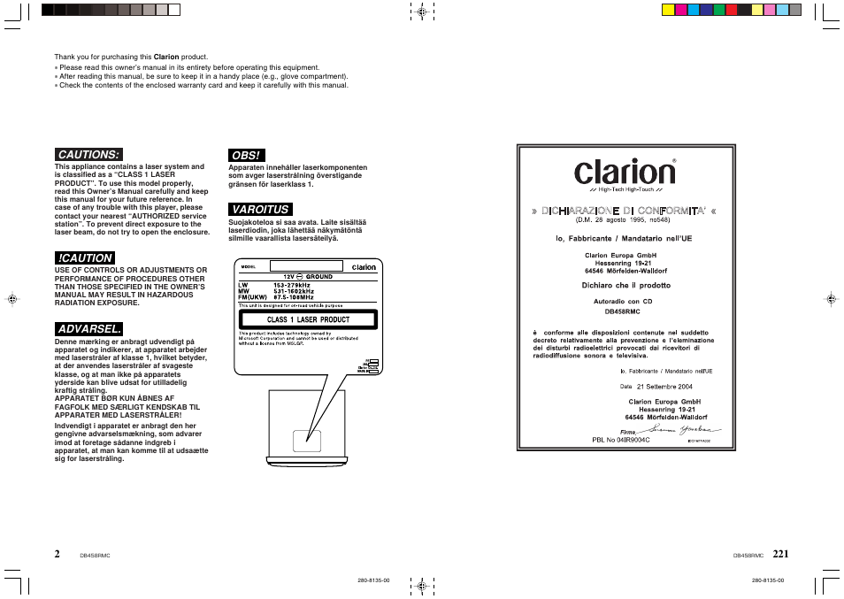Cautions, Caution, Advarsel | Varoitus | Clarion DB458RMC User Manual | Page 2 / 27