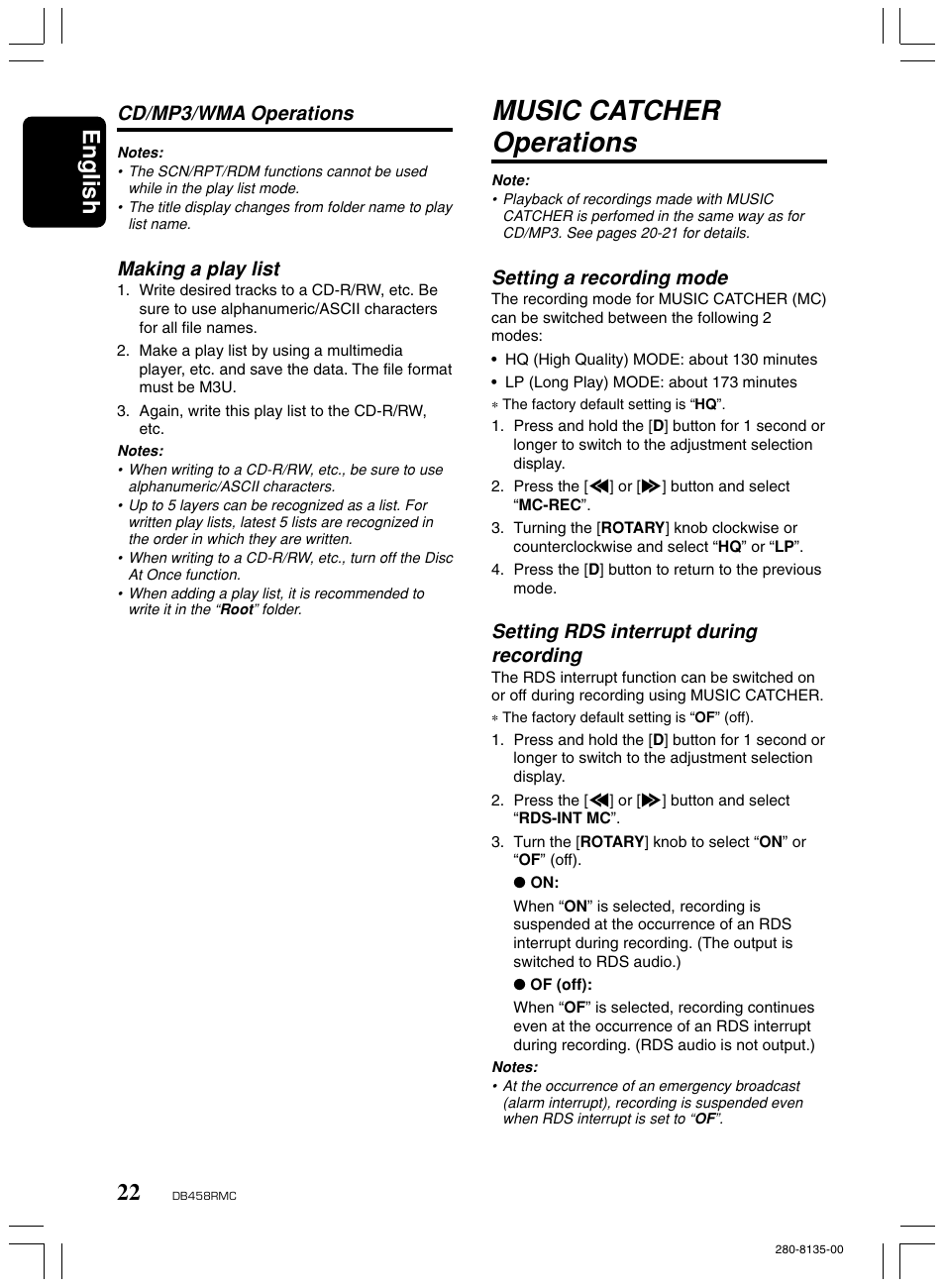 Music catcher operations, English, Setting a recording mode | Setting rds interrupt during recording, Making a play list, Cd/mp3/wma operations | Clarion DB458RMC User Manual | Page 20 / 27