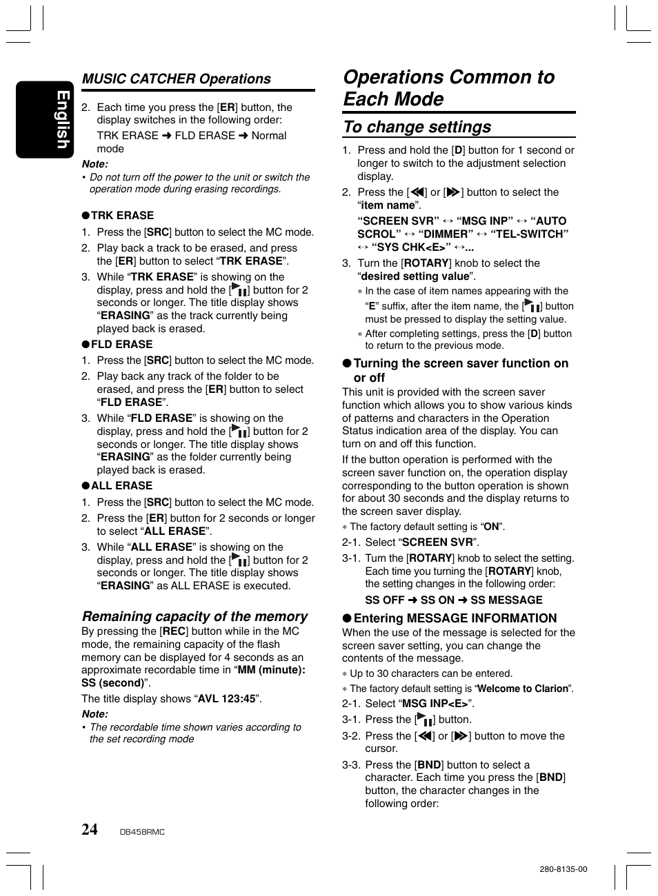 Operations common to each mode, English, Music catcher operations | Clarion DB458RMC User Manual | Page 22 / 27