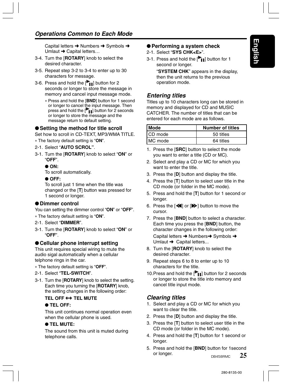 25 english, Operations common to each mode, Entering titles | Clearing titles | Clarion DB458RMC User Manual | Page 23 / 27
