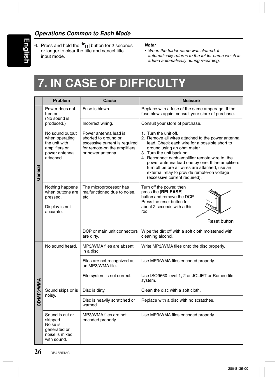 In case of difficulty, English, Operations common to each mode | Clarion DB458RMC User Manual | Page 24 / 27