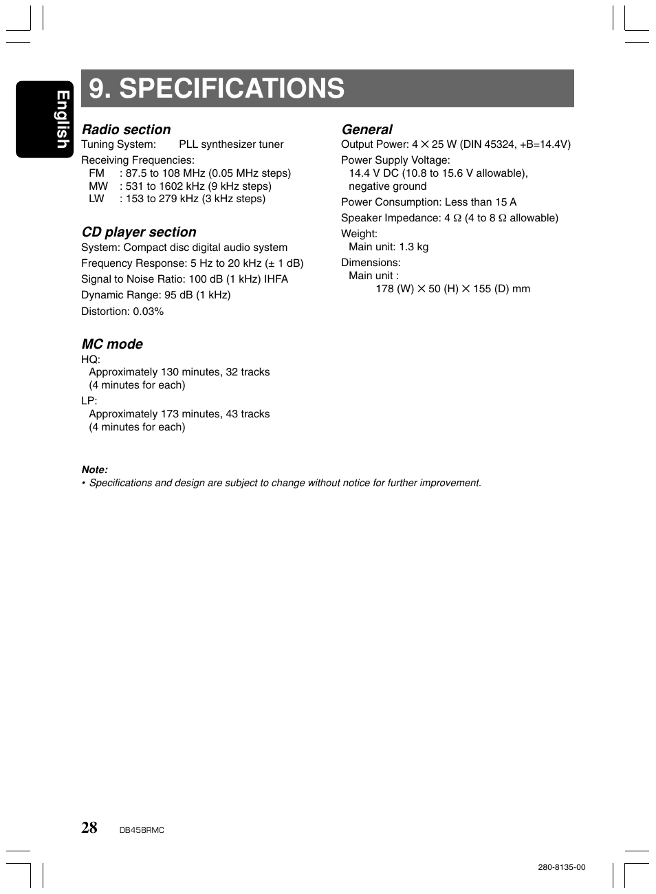 Specifications, English, Mc mode | General | Clarion DB458RMC User Manual | Page 26 / 27