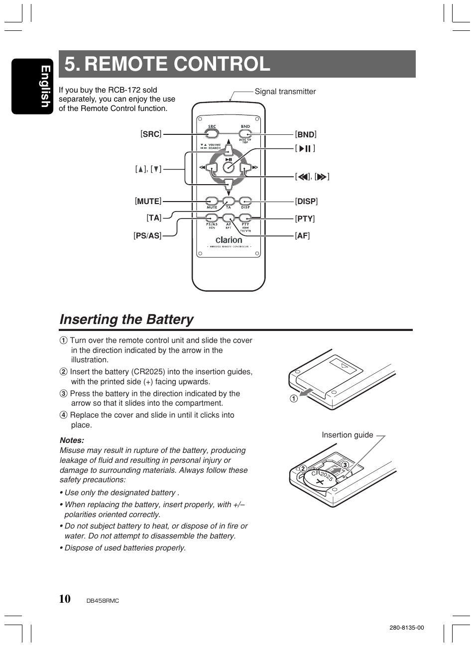 Remote control, Inserting the battery, English | Clarion DB458RMC User Manual | Page 8 / 27
