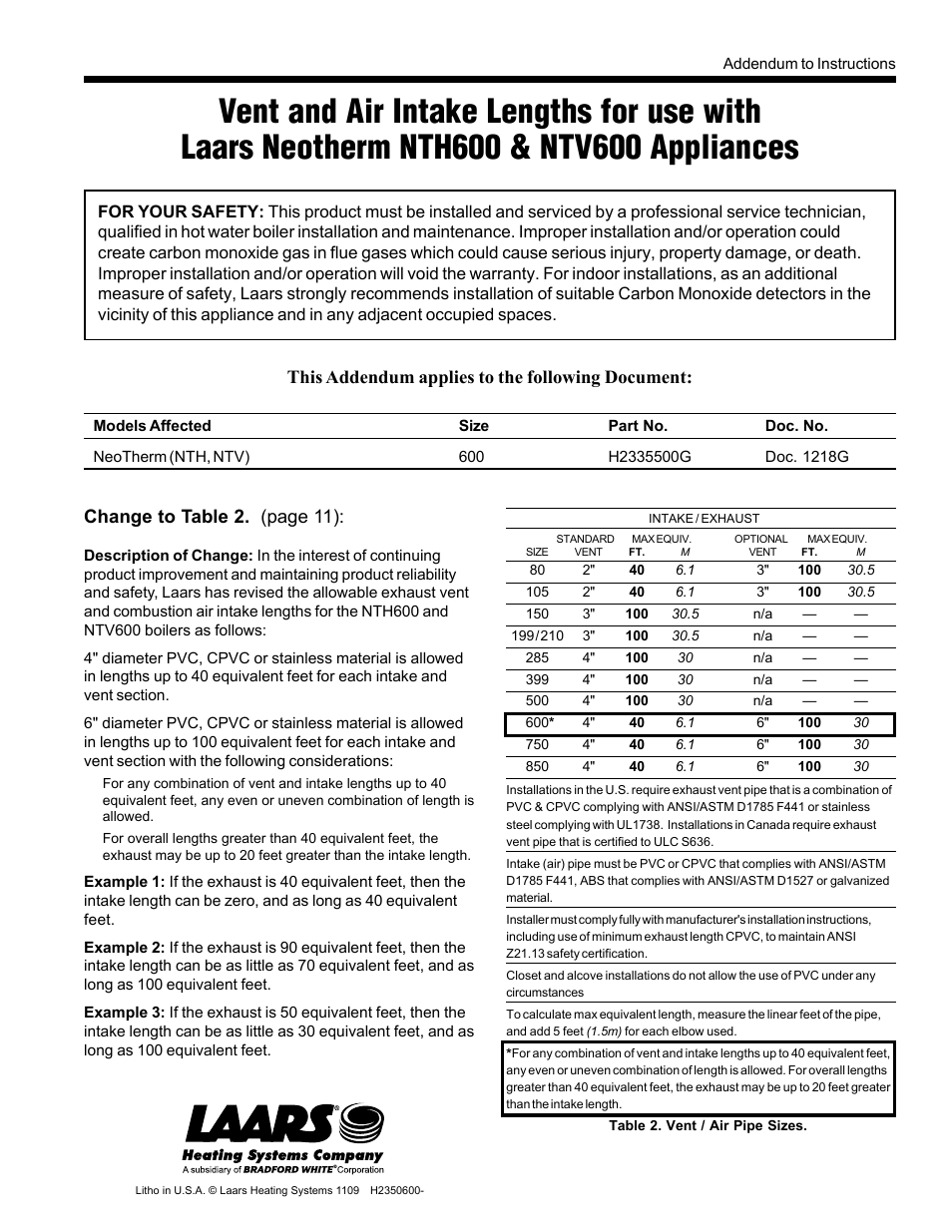 LAARS NeoTherm NTV600 - Install and Operating Manual User Manual | 66 pages