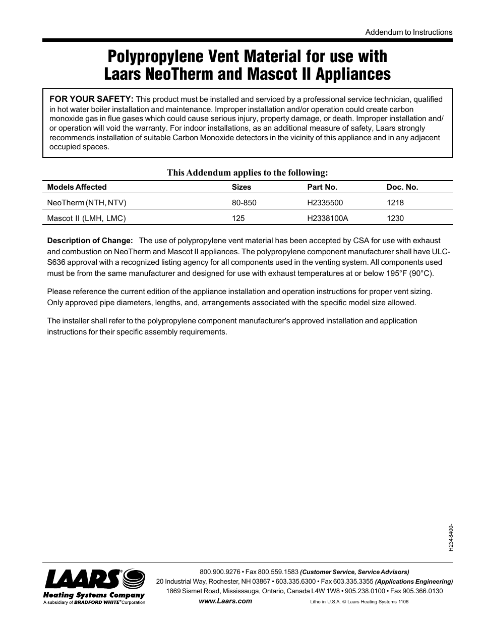 LAARS NeoTherm NTV600 - Install and Operating Manual User Manual | Page 2 / 66