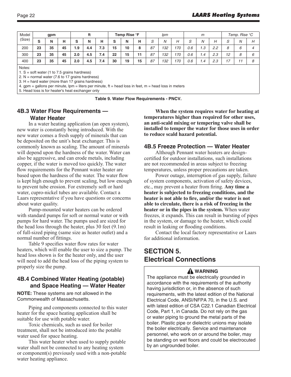 4b.3 water flow requirements — water heater, 4b.5 freeze protection — water heater | LAARS Pennant PNCV (Sizes 200, 300, 400) - Install and Operating Manual User Manual | Page 23 / 45