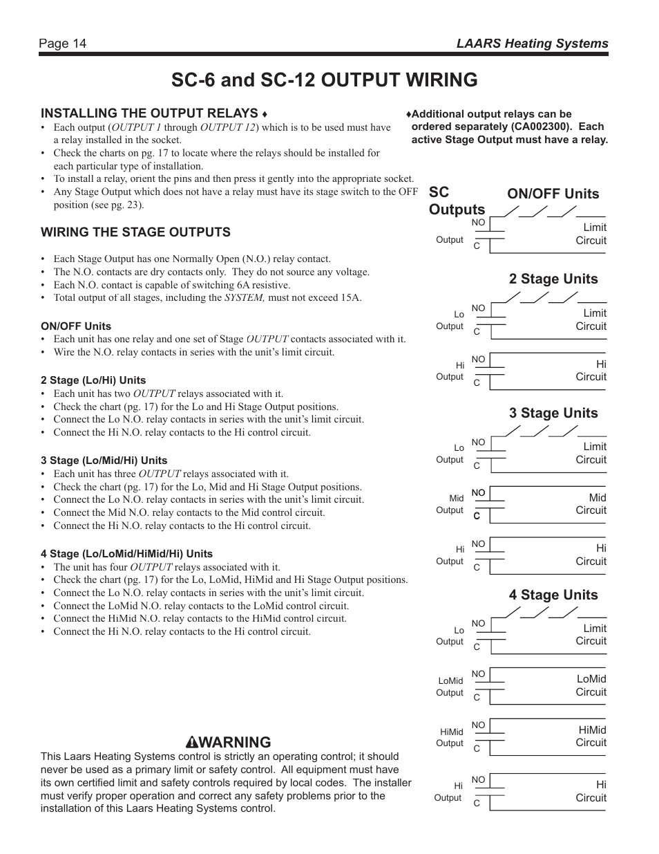 Sc-6 and sc-12 output wiring, Warning, Sc outputs | On/off units, 2 stage units, 3 stage units, 4 stage units | LAARS SC 12 - Install and Operating Manual User Manual | Page 14 / 28