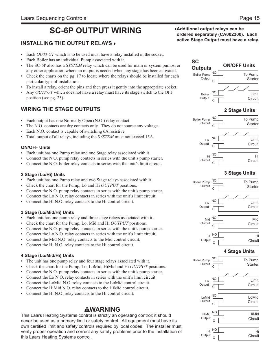 Sc-6p output wiring, Warning, Page 15 laars sequencing controls | Installing the output relays, Wiring the stage outputs, Sc outputs | LAARS SC 12 - Install and Operating Manual User Manual | Page 15 / 28