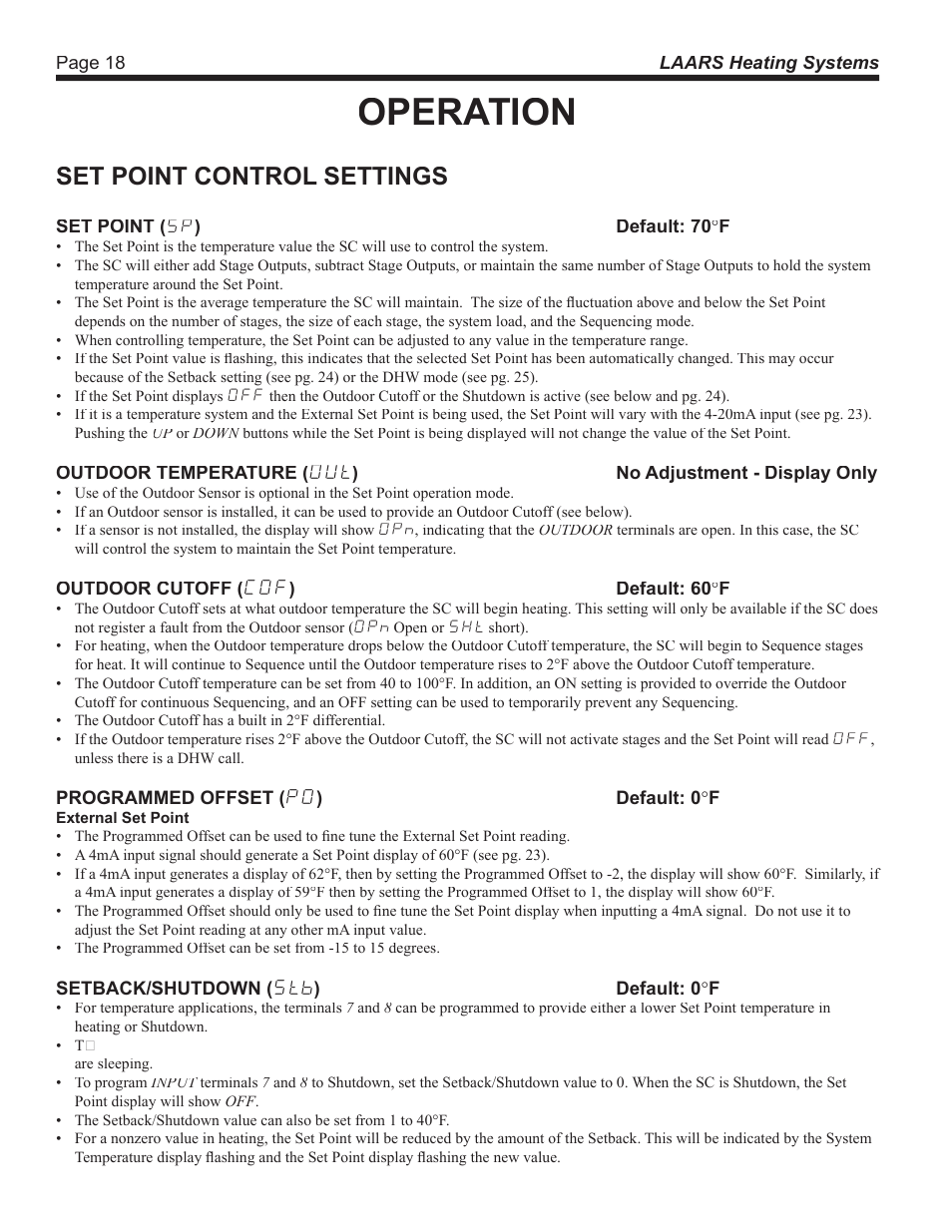 Operation, Set point control settings | LAARS SC 12 - Install and Operating Manual User Manual | Page 18 / 28