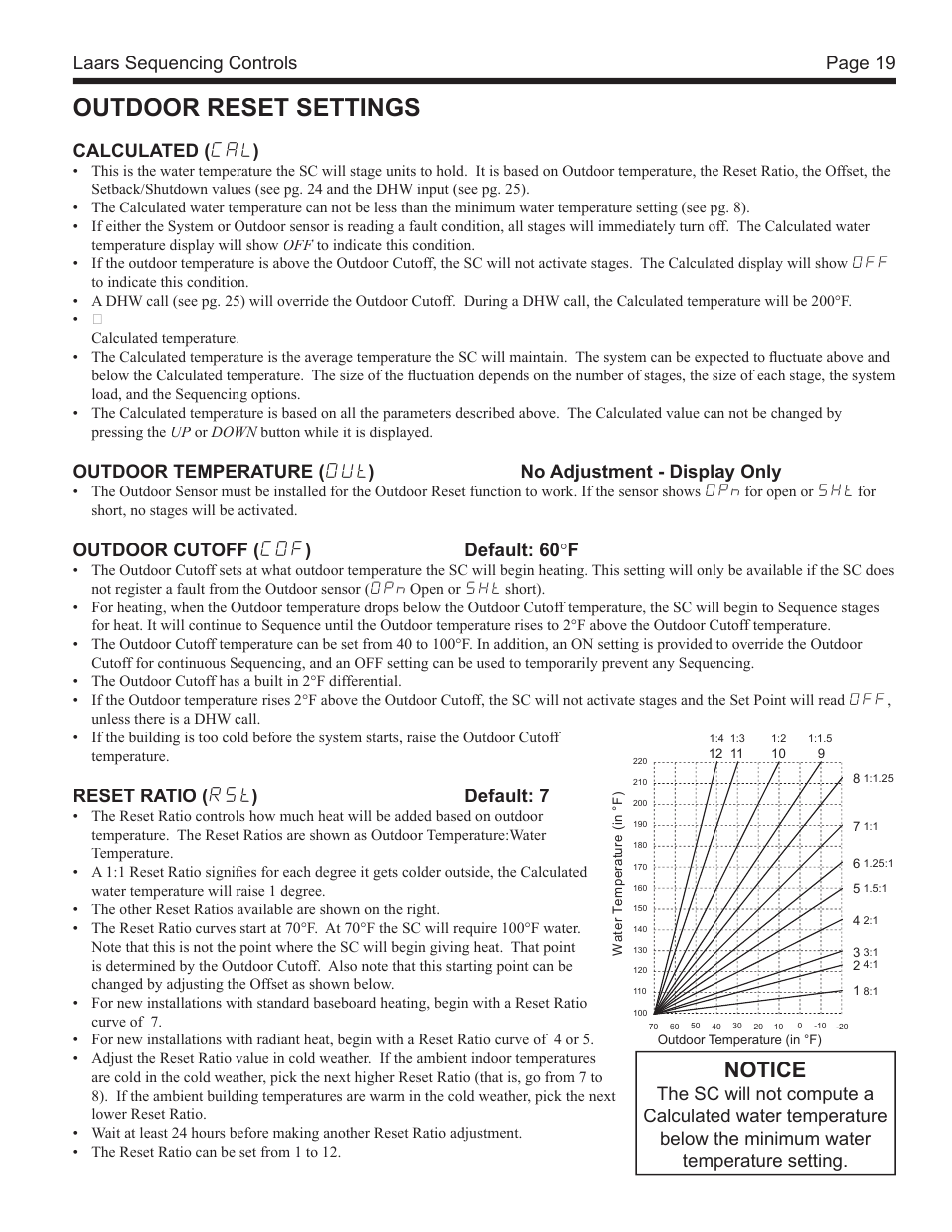 Outdoor reset settings, Notice, Page 19 laars sequencing controls | Calculated ( cal ), Outdoor cutoff ( cof ) default: 60 ° f, Reset ratio ( rst ) default: 7 | LAARS SC 12 - Install and Operating Manual User Manual | Page 19 / 28