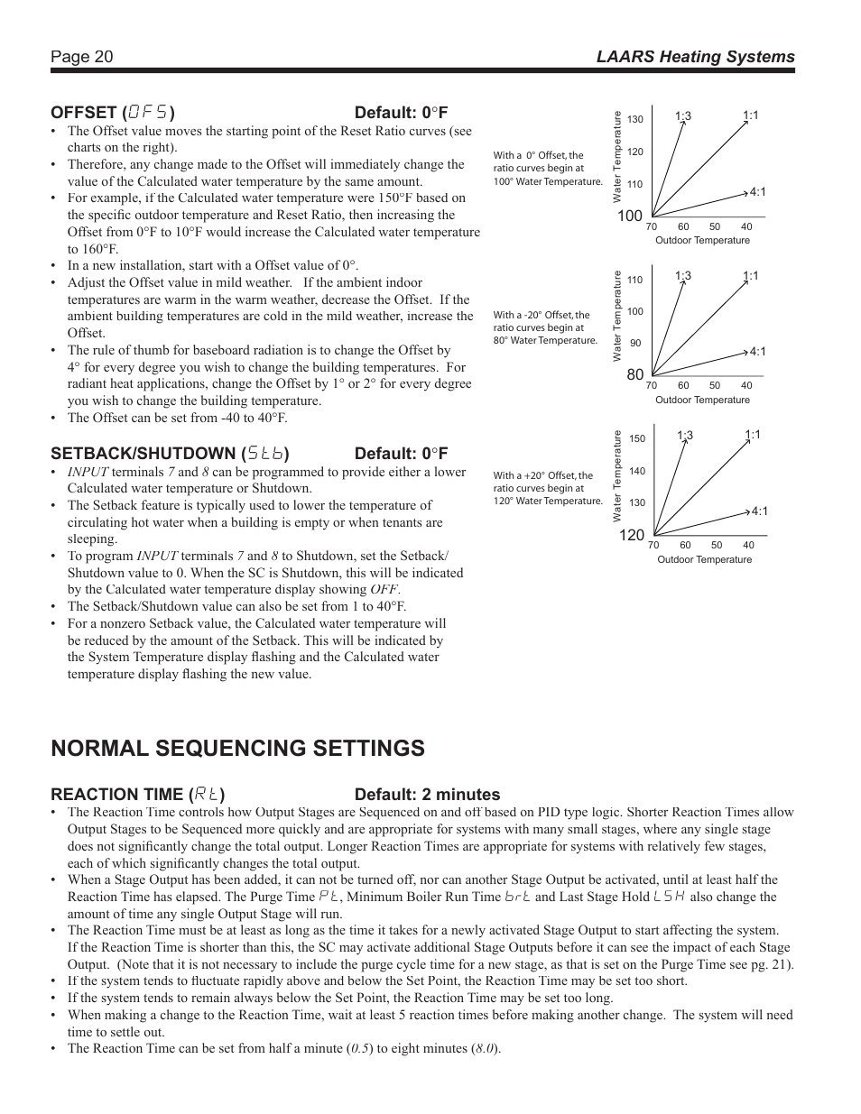 Normal sequencing settings, Setback/shutdown ( stb ) default: 0 ° f, Reaction time ( rt ) default: 2 minutes | LAARS SC 12 - Install and Operating Manual User Manual | Page 20 / 28