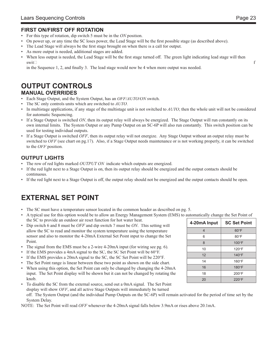 Output controls, External set point | LAARS SC 12 - Install and Operating Manual User Manual | Page 23 / 28