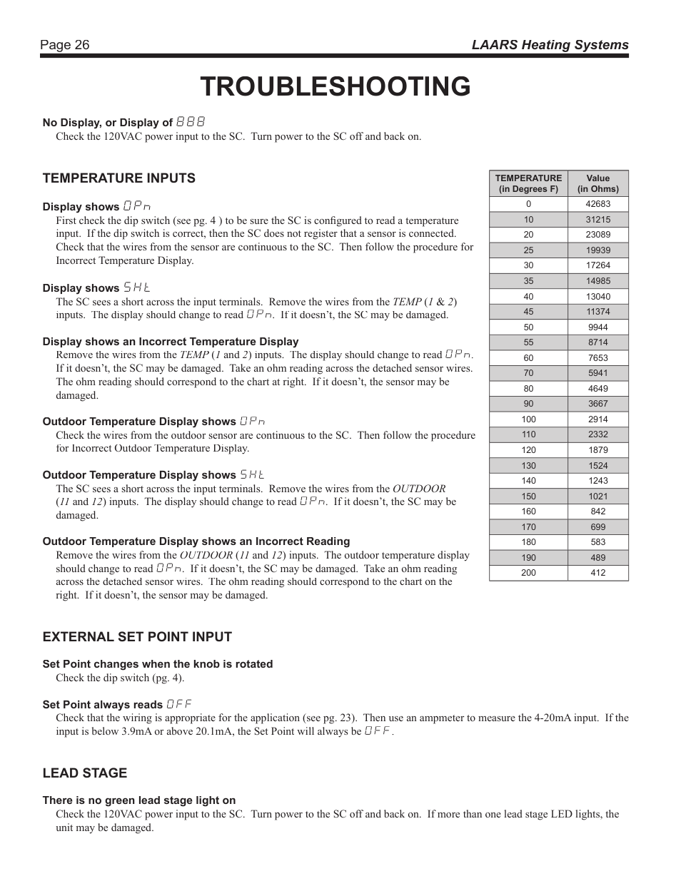 Troubleshooting, Page 26 laars heating systems, Temperature inputs | External set point input, Lead stage | LAARS SC 12 - Install and Operating Manual User Manual | Page 26 / 28