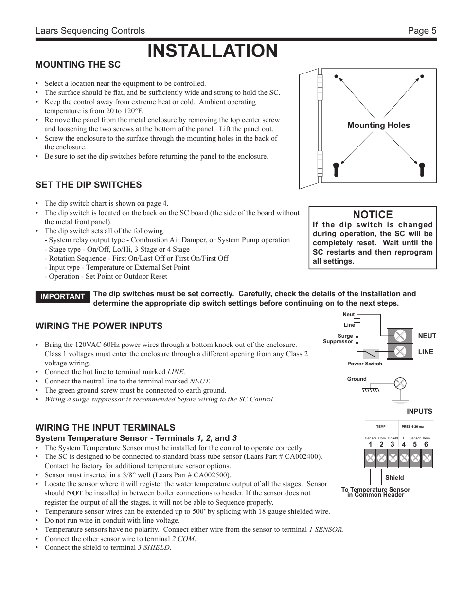 Installation, Notice, Page 5 laars sequencing controls | Mounting the sc, Set the dip switches, Wiring the power inputs, Wiring the input terminals | LAARS SC 12 - Install and Operating Manual User Manual | Page 5 / 28